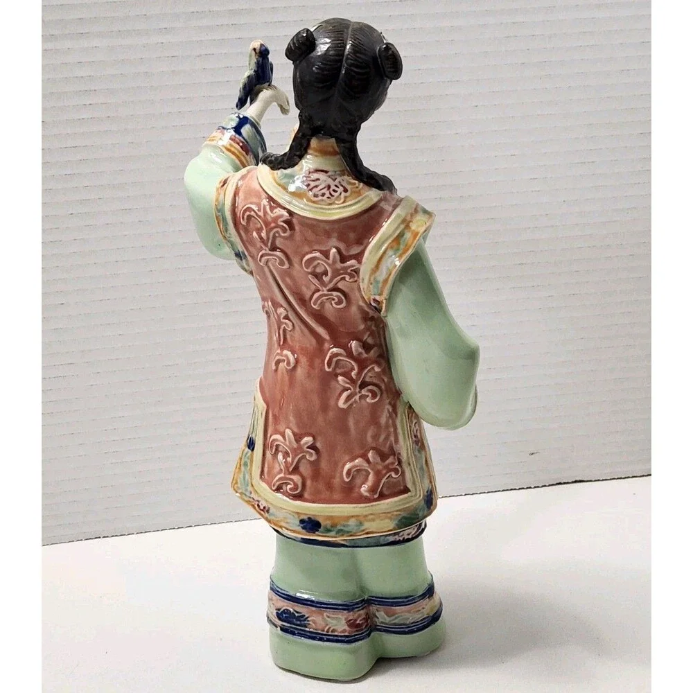 Vintage Chinese Shiwan Porcelain Lady Statue Songbird & Feeding Bowl Figurine